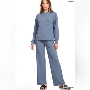 Zenana Drop Shoulder Ribbed Crop Hoodie dusty blue medium